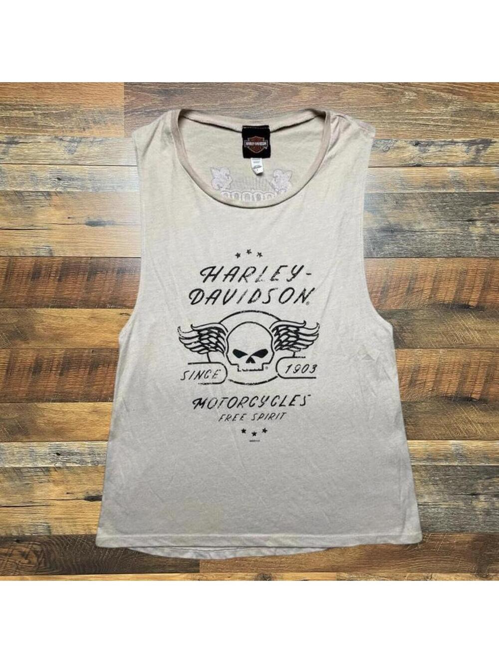 Vintage Harley Davidson Womens Brown Sleeveless T-Shirt Size L Mardi Gras.
